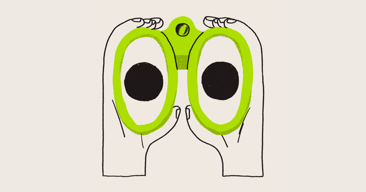 An illustration of eyes looking through binoculars.